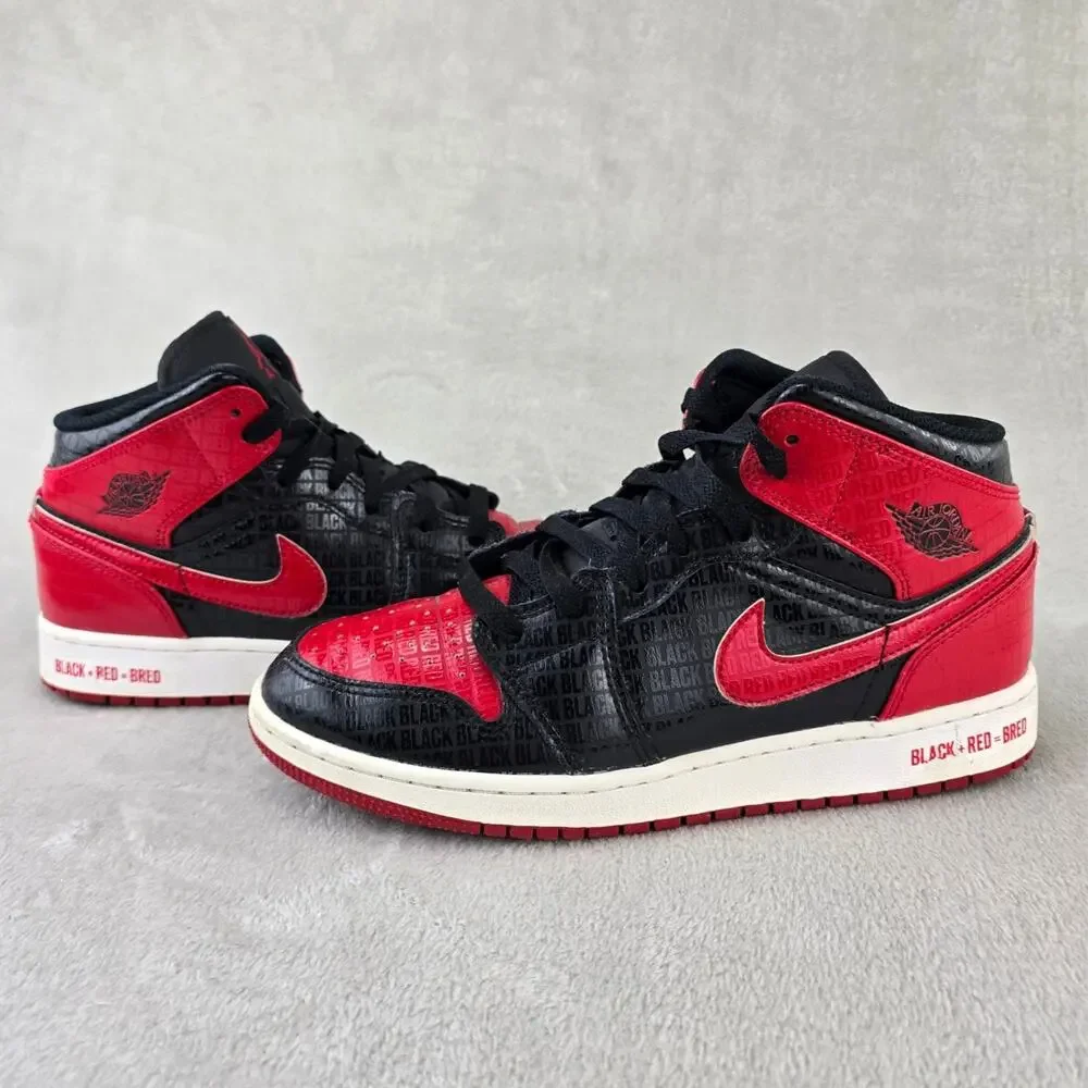 Nike Air Jordan 1 Mid GS Size 7Y Bred Text Red Black Basketball DM9650-001